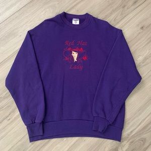 Vintage Embroidered Red Hat Lady Purple Jerzees Sweatshirt